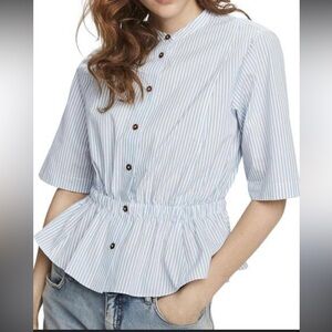 Scotch & Soda Womens XL  Blue White Striped Gathered Waist Button Down Blouse‎